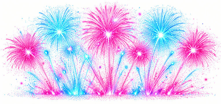 Abstract watercolor painting of vibrant pink and blue fireworks exploding against a clean white background