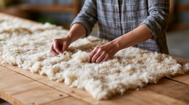 Person sorting raw wool fibers on table