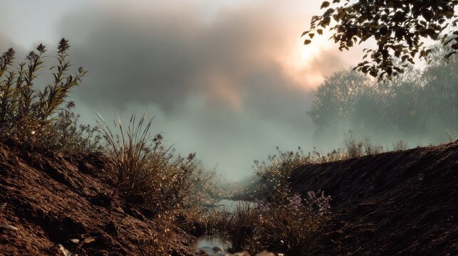 Misty Morning Serenity: A tranquil scene unfolds with a small stream winding through a landscape shrouded in ethereal morning mist, illuminated by the soft.
