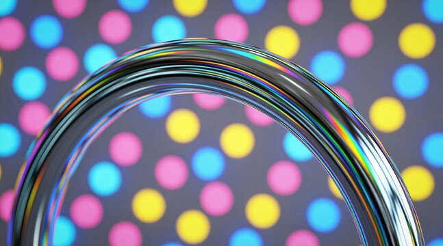 Shiny metal arch curves in front of blurred colorful bokeh dots. Silver chrome surface reflects bright festive lights. Modern abstract design with rainbow glow circles. Luxury party background for