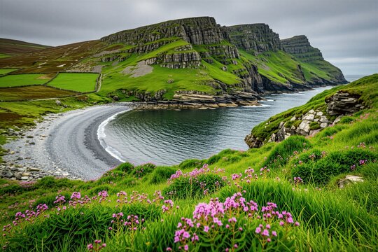 Green grassy hills with rocky cliffs overlook remote coastal bay on Mullaghmore head. Scenic landscape features dark ocean water pebble beach, vibrant wildflowers under overcast sky. Rugged terrain