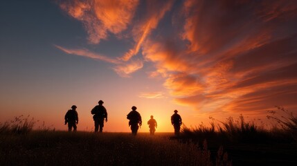 Fototapeta premium Silhouette Soldiers at Sunrise: Five soldiers stand silhouetted against a vibrant sunrise, facing a new day with determination.