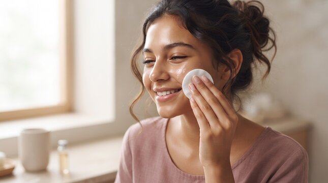 Smiling young woman enjoying her mindful self-care beauty ritual for glowing skin
