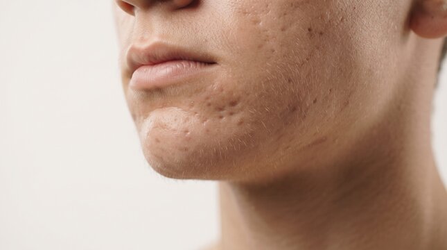 Skin with acne scars and textured imperfections on the chin and lower facial area