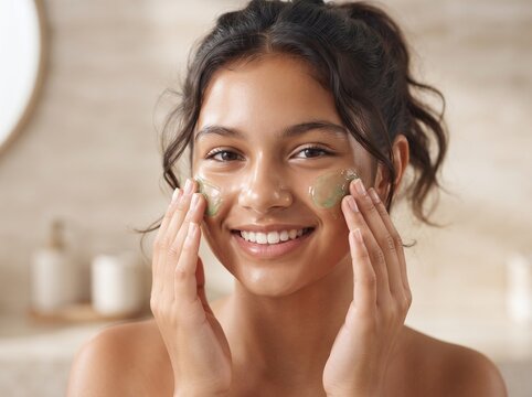 Smiling Young Woman Applying Green Clay Face Mask for Skincare Routine
