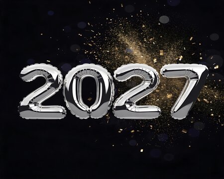 Happy New Year 2027 silver metallic foil balloon numbers with gold glitter dust on dark background