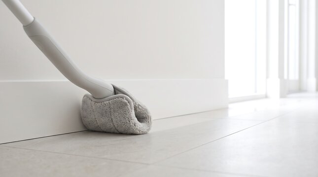 Floor cleaning with modern mop along white baseboard in room