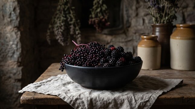 Rustic Dark Table Setting with Fresh Elderberries and Blackberries in Black Bowl on Linen Cloth with Vintage Ceramic Jars