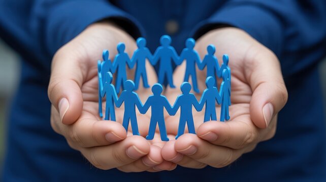 Hands holding blue paper people circle for community and unity