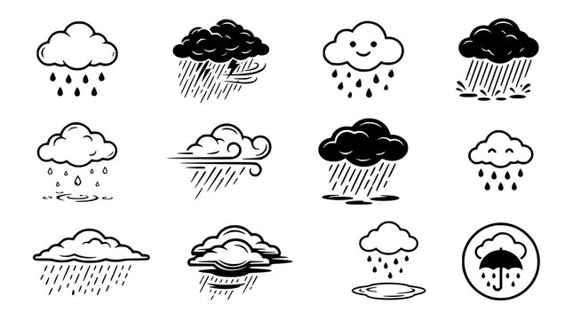 :
Cartoon Rain Cloud Weather Storm Black Vector Icon Set 12