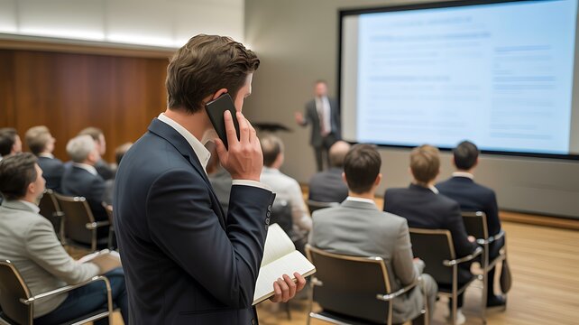 Businessman talking on phone during conference presentation