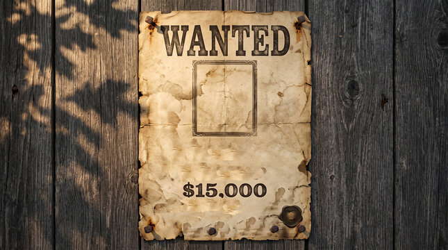 Wanted paper poster featuring vintage western aesthetic with large dark ink typography and empty frame section attached to rustic dark wooden wall with metal nails