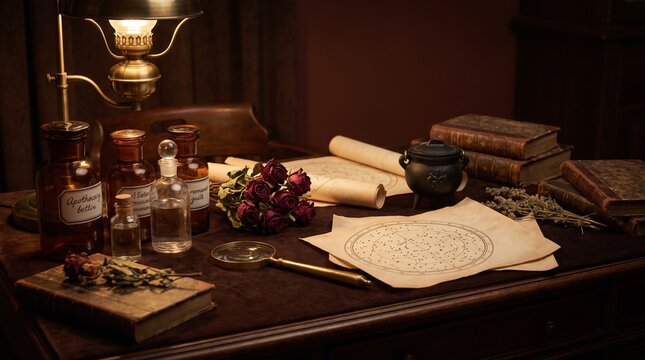 Mystical Witchcraft Alchemist Desk with Vintage Star Maps Dried Roses and Apothecary Bottles Art