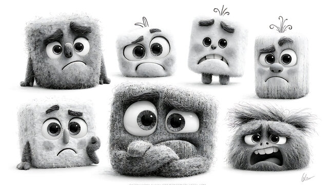 Collection of fluffy cube shaped characters with varied facial expressions grayscale
