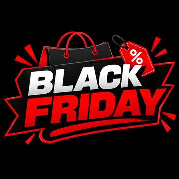 Black Friday sale graphic with shopping bags and discount tag on black background