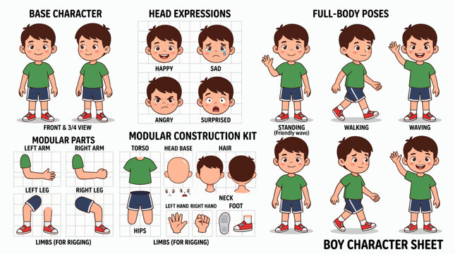 Boy character design sheet with modular construction kit including head expressions and full body poses, illustrating rigging components representing professional animation assets