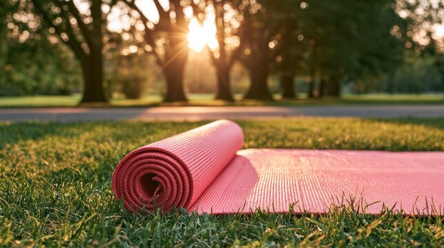 Rolled yoga mat rests on lush green grass in soft golden sunset light