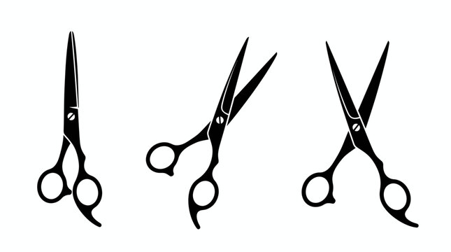 Set of black silhouette icons of professional hairdressing scissors in closed and open positions on a white background, illustrating barber equipment and representing salon branding identity