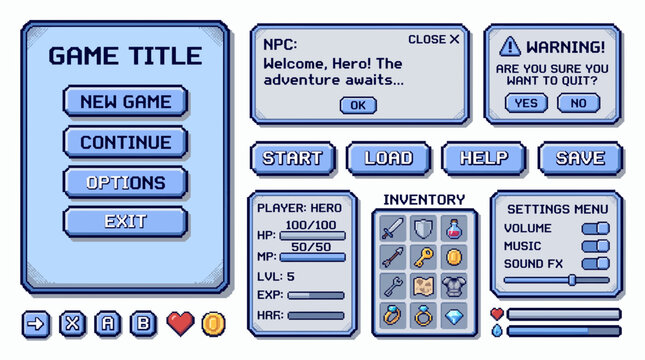 Pixel art retro video game user interface kit with light blue frames featuring menu buttons, inventory icons and player stats bars, provides essential assets and illustrating RPG mechanics