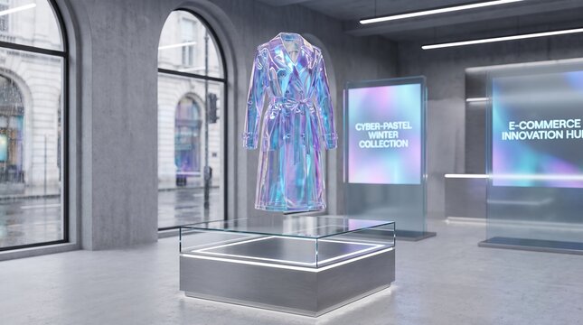 Futuristic cyber pastel winter coat floating above a glass display case inside a modern digital fashion showroom