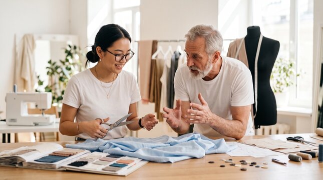 Experienced tailor teaching young Asian fashion design student how to cut blue fabric properly using professional steel scissors inside a brightly lit modern sewing studio
