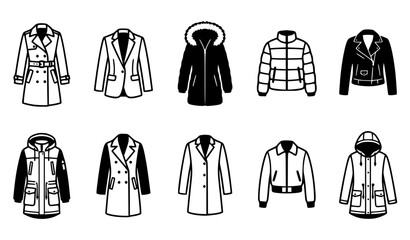 Women’s Fashion Coats Jackets 8–12 Simple Icons Black White Vector Collection © mstRehena