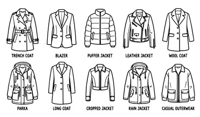 Women’s Coats Jackets 8–12 Outline Fashion Icons Hand Drawn Black White Vector Set © mstRehena