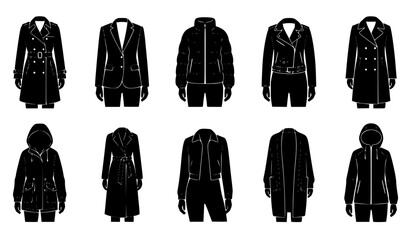 Women’s Coats Jackets 8–12 Silhouette Fashion Icons Black White Vector Set © mstRehena