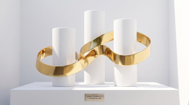 Abstract financial stability and growth concept with metallic liquid gold ribbon looping through white architectural columns