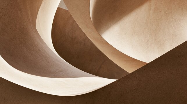 Abstract flowing light and shadow dance across curved, organic, warm-toned surfaces