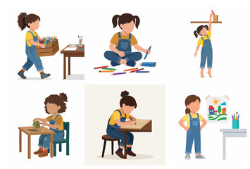 Fototapeta premium Set of little girl drawing and painting illustrations for childhood creativity and art education