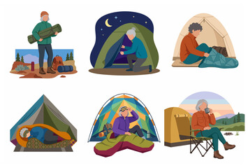 Fototapeta premium Active Seniors Camping and Hiking Flat Illustration Set. Elderly People Enjoying Outdoor Activities, Sleeping in Tents, Trekking, and Relaxing in the Wilderness.
