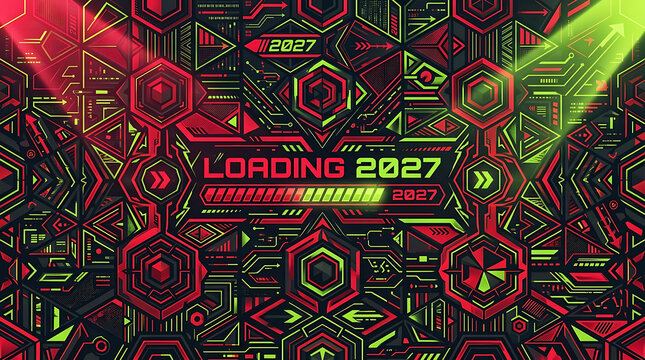 Futuristic Digital Loading Screen Interface With Abstract Geometric Patterns And Retro Pixels