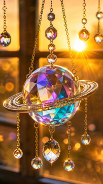 Intricate hanging crystal ornament shaped like a planet with rings, featuring iridescent prismatic colors and golden chains against a bokeh golden light background