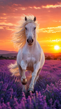 Majestic white horse galloping through a purple lavender field toward the camera during a vibrant orange and yellow sunset, dynamic action and freedom concept illustration