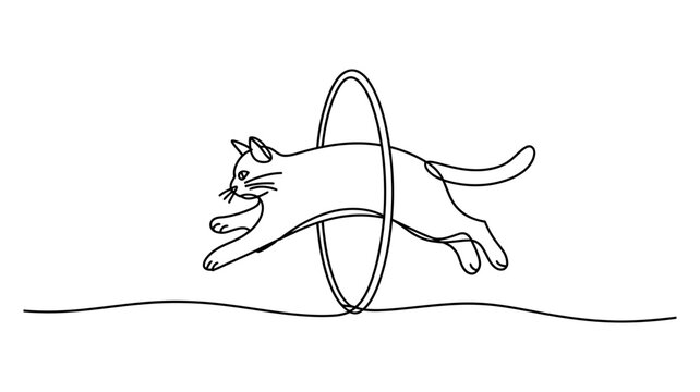 Minimalist line art cat jumping through hoop vector, playful animal illustration, circus performance, pet activity, black outline, isolated design