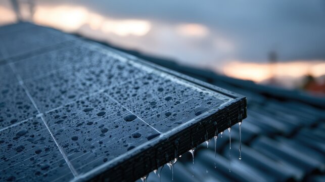 Wet solar panels on rooftop with raindrops at sunset