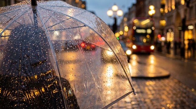 Clear transparent umbrella with heavy rain droplets on wet cobblestone street against blurry London bus night background
