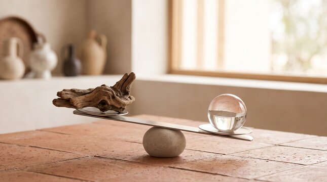 Conceptual balance scale sculpture with natural driftwood and clear glass orb sphere on warm terracotta brick table