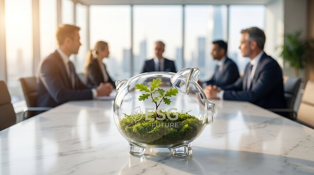 Glass piggy bank with green plant on marble table during corporate ESG investment meeting in modern boardroom interior