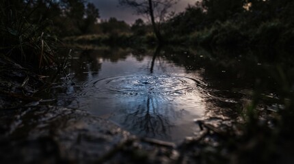 Obraz premium Raindrops create perfect circles on the surface of a serene pond at dusk. Shadows of trees reflect gently in the water, enhancing the peaceful scene.