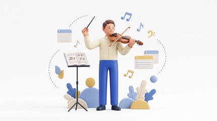 Obraz premium 3d cartoon character playing violin with floating musical notes with notes interface elements while holding conductor conductor baton amidst