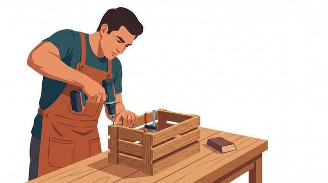 Man using a drill to build a wooden crate at a workshop  
