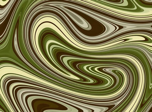 Abstract green brown pattern with liquid marble texture swirls. Graphic design wallpaper shows colorful curved waves, smooth fluid lines. Modern artistic background features organic shapes blending