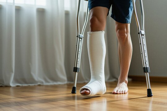 Man with broken leg in white plaster cast uses crutches indoors. Person stands on wooden floor near window with white curtains. Focus on injured limb recovery progress.