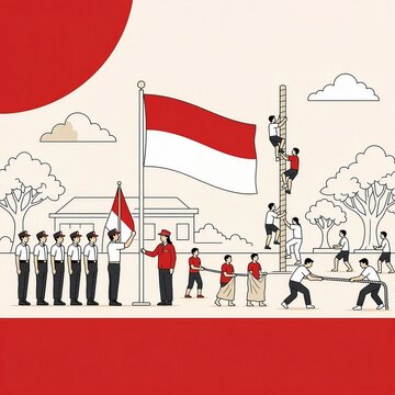 An illustration of Indonesian independence celebrations featuring the red-and-white flag, a flag-raising ceremony, the *panjat pinang* (greased pole climbing) contest, tug-of-war, and traditional game