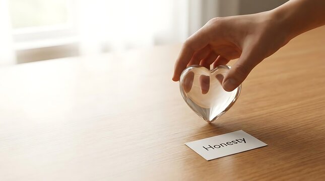 A hand placing a clear glass heart next to a paper card with the word honesty written on it to represent honesty day and the values of personal integrity