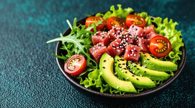 Fresh poke bowl with tuna chunks avocado slices cherry tomatoes and lettuce. Healthy raw fish seafood meal on dark table. Delicious and vibrant food.