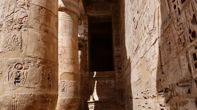 Medinet Habu temple colonnade with hieroglyphic inscriptions and relief carvings in Luxor Egypt, massive sandstone columns with papyrus capitals under dramatic blue sky. Downscaled from 6k.