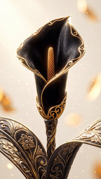 Luxurious 3D render of a black calla lily adorned with intricate gold filigree edges and a golden center, opulent artistic design set against a soft shimmering light background
